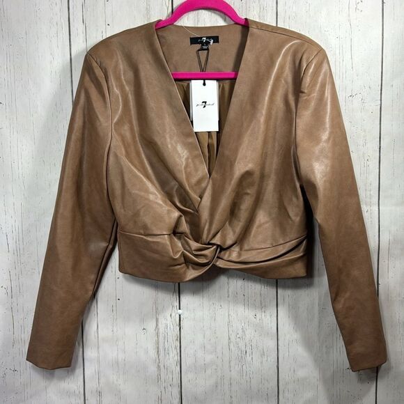 7 For All Mankind Faux Leather Jacket L Tan Twist Front Cropped Modern Chic - Picture 5 of 16